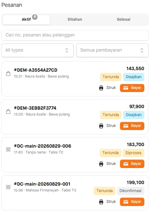Pesanan aktif di aplikasi pelayan: status tiap pesanan dengan tombol struk dan bayar