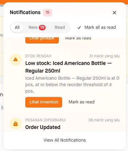 Notifikasi stok rendah: Iced Americano Bottle di bawah batas pesan ulang
