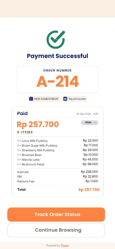 Struk digital di ponsel tamu: pembayaran berhasil, nomor pesanan A-214, rincian item, dan total