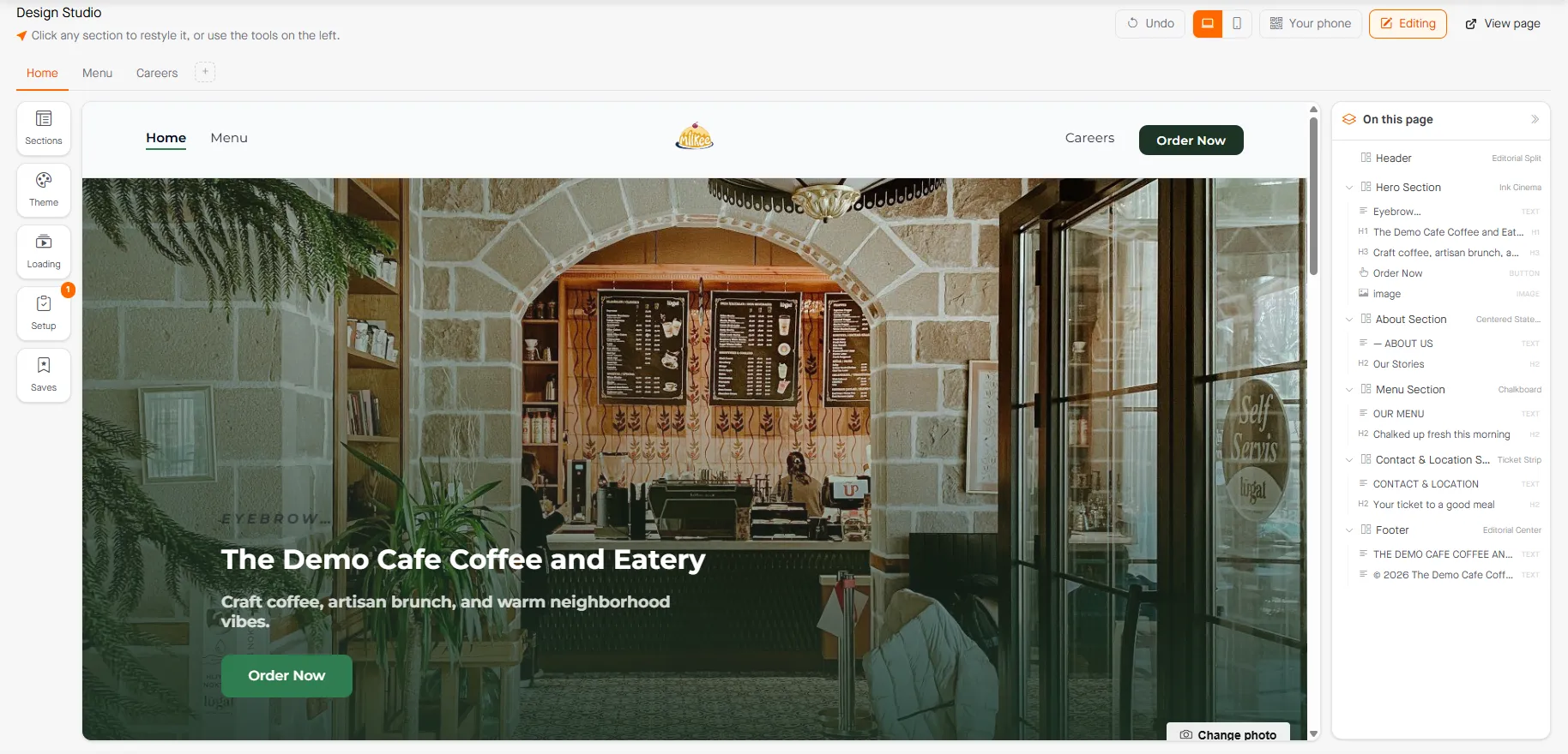 Design Studio: mengedit hero website kafe dengan pratinjau langsung