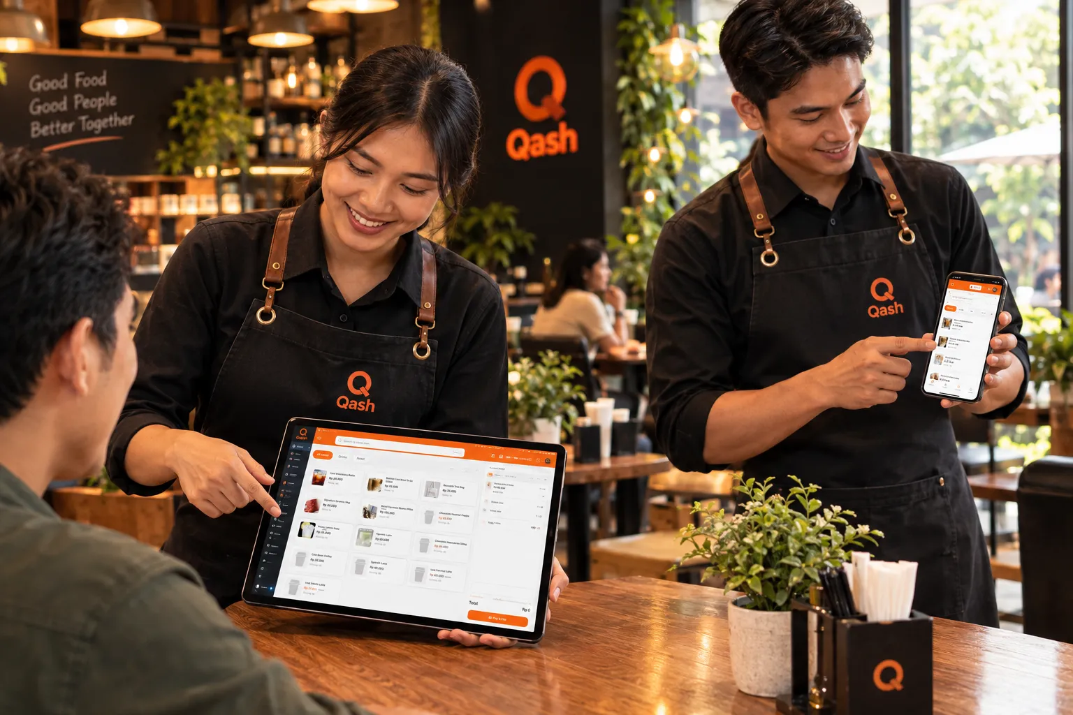 Barista menunjukkan kasir Qash di tablet kepada tamu, rekannya memegang aplikasi pelayan di ponsel