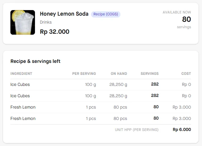 Kartu resep: bahan per porsi, stok di tangan, sisa porsi, dan HPP per porsi