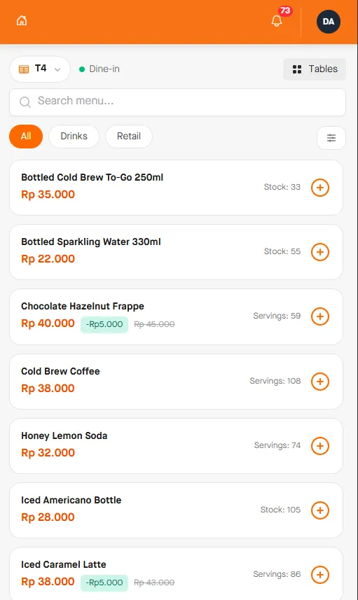 Aplikasi pelayan: mengambil pesanan untuk meja T4 dari ponsel